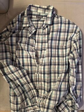 Van Heusen Plaid Button-Down Shirt in Navy, White & Teal XL